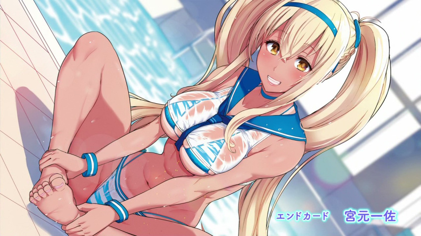 1girl, artist_name, barefoot, bikini, blonde_hair, blurry, blush, breasts