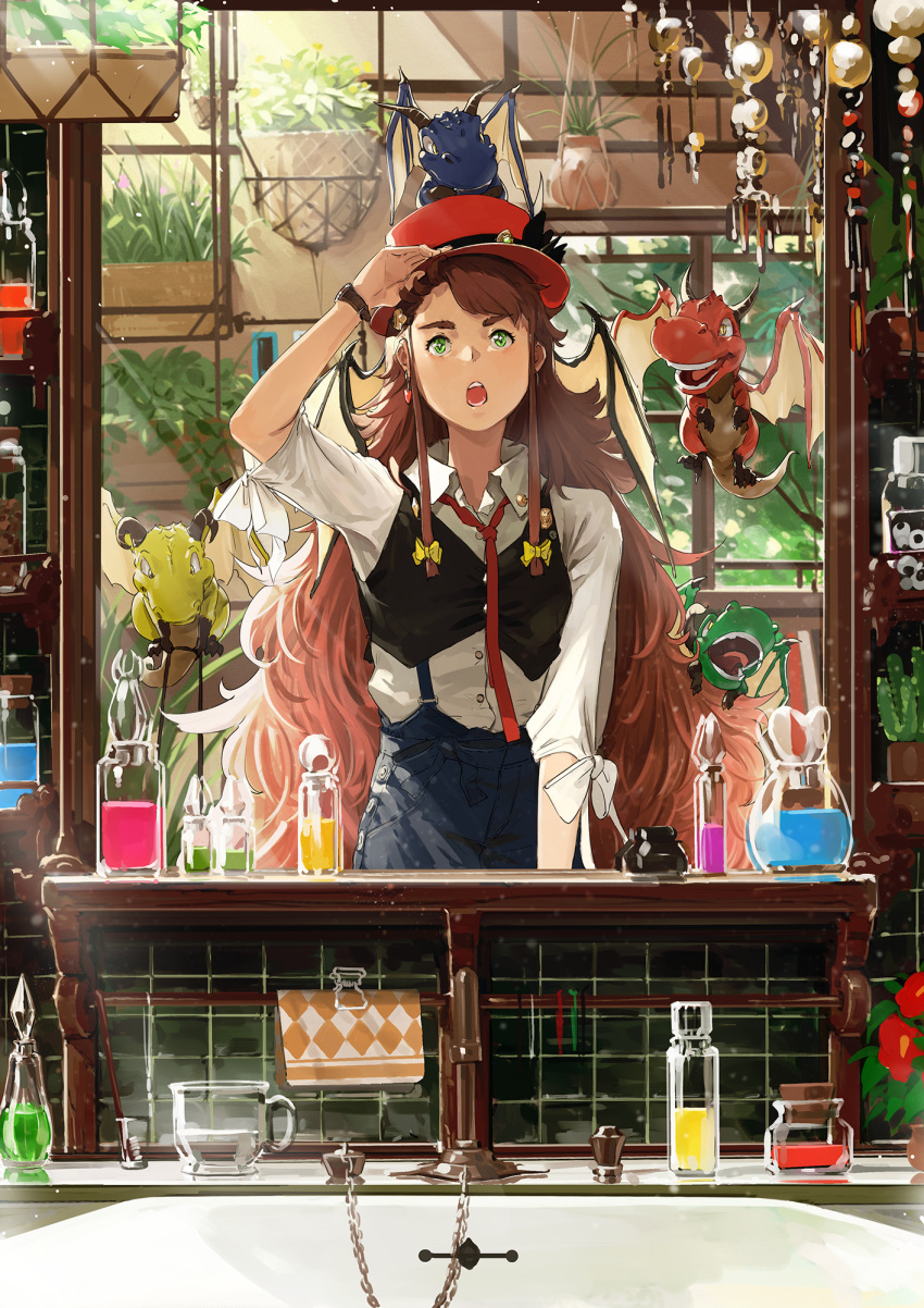 1girl, :o, adjusting_clothes, adjusting_hat, bangs, black_vest, blue_pants, bow