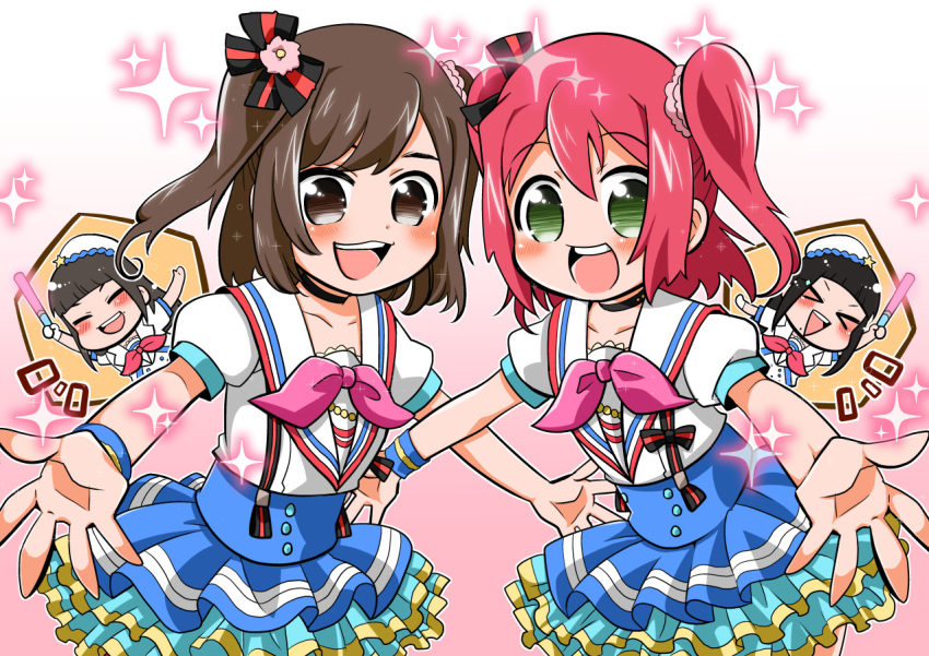 4girls, aozora_jumping_heart, aqua_eyes, artist_request, black_hair, brown_eyes, brown_hair, commentary