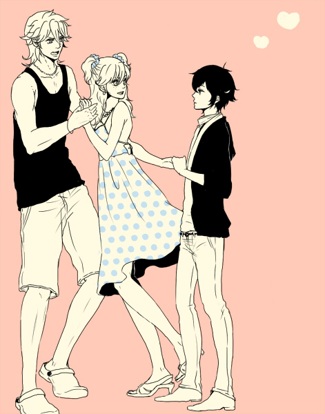 dress, freckles, gundam, gundam_00, hand_holding, heart, holding_hands, michael_trinity