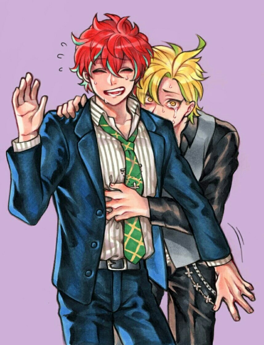 2boys, behind_another, blonde_hair, closed_mouth, cowboy_shot, flying_sweatdrops, formal, green_neckwear, haraodori_sp, hypnosis_mic, izanami_hifumi, jacket, kannonzaka_doppo, lavender_background, male_focus, multicolored_hair, multiple_boys, necktie, open_clothes, open_jacket, redhead, salaryman, scared, simple_background, suit, sweat, tears, two-tone_hair, waistcoat, waving, yellow_eyes