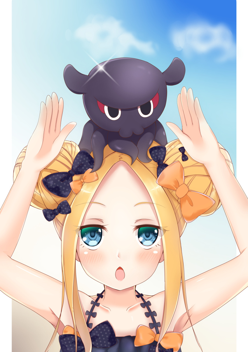 1girl, abigail_williams_(fate/grand_order), animal, animal_on_head, bangs, bare_arms, bare_shoulders, bikini