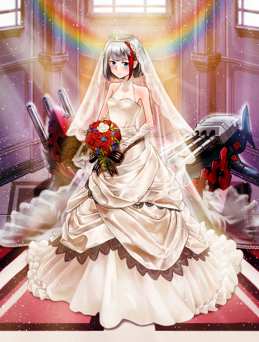 1girl, admiral_graf_spee_(azur_lane), azur_lane, blue_eyes, blush, bouquet, breasts, bridal_veil