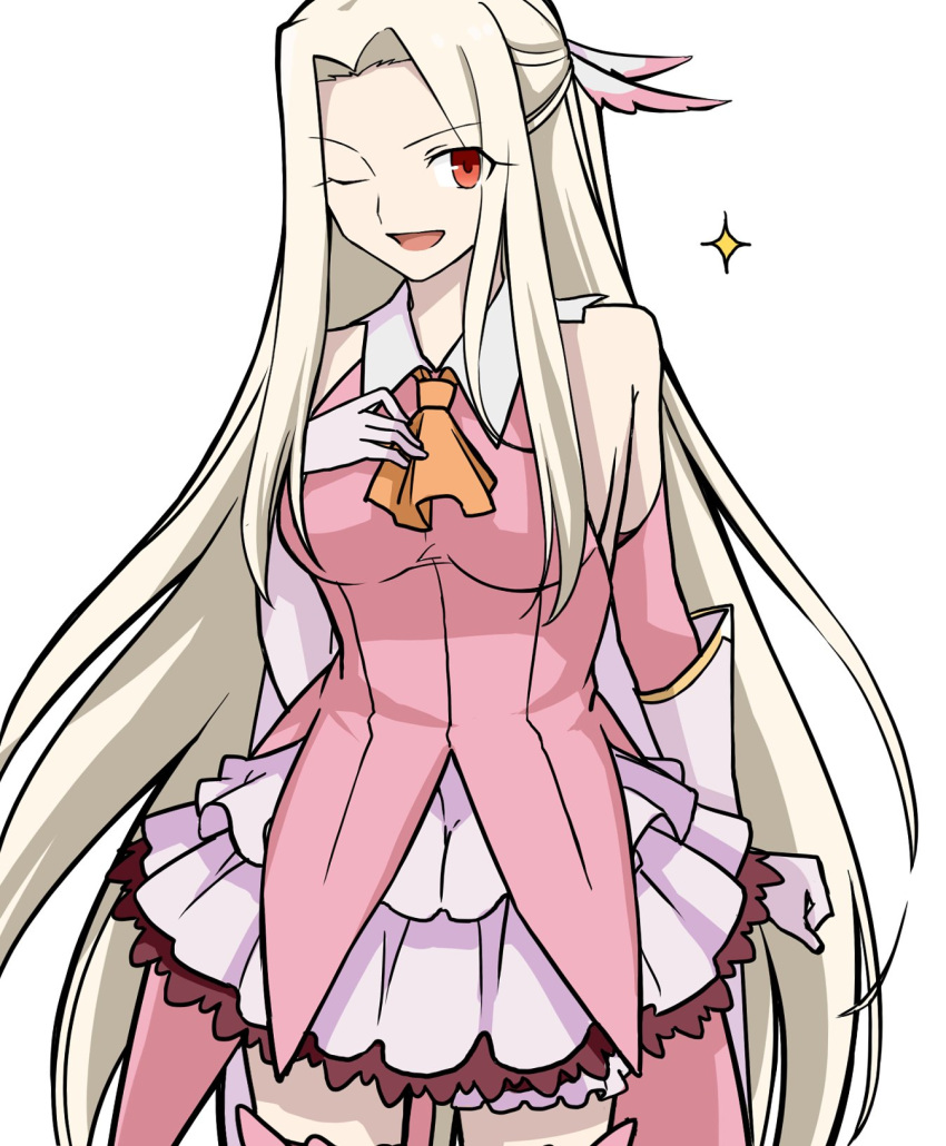 ;d, bare_shoulders, blonde_hair, breasts, cosplay, detached_sleeves, eyes_visible_through_hair, fate/kaleid_liner_prisma_illya