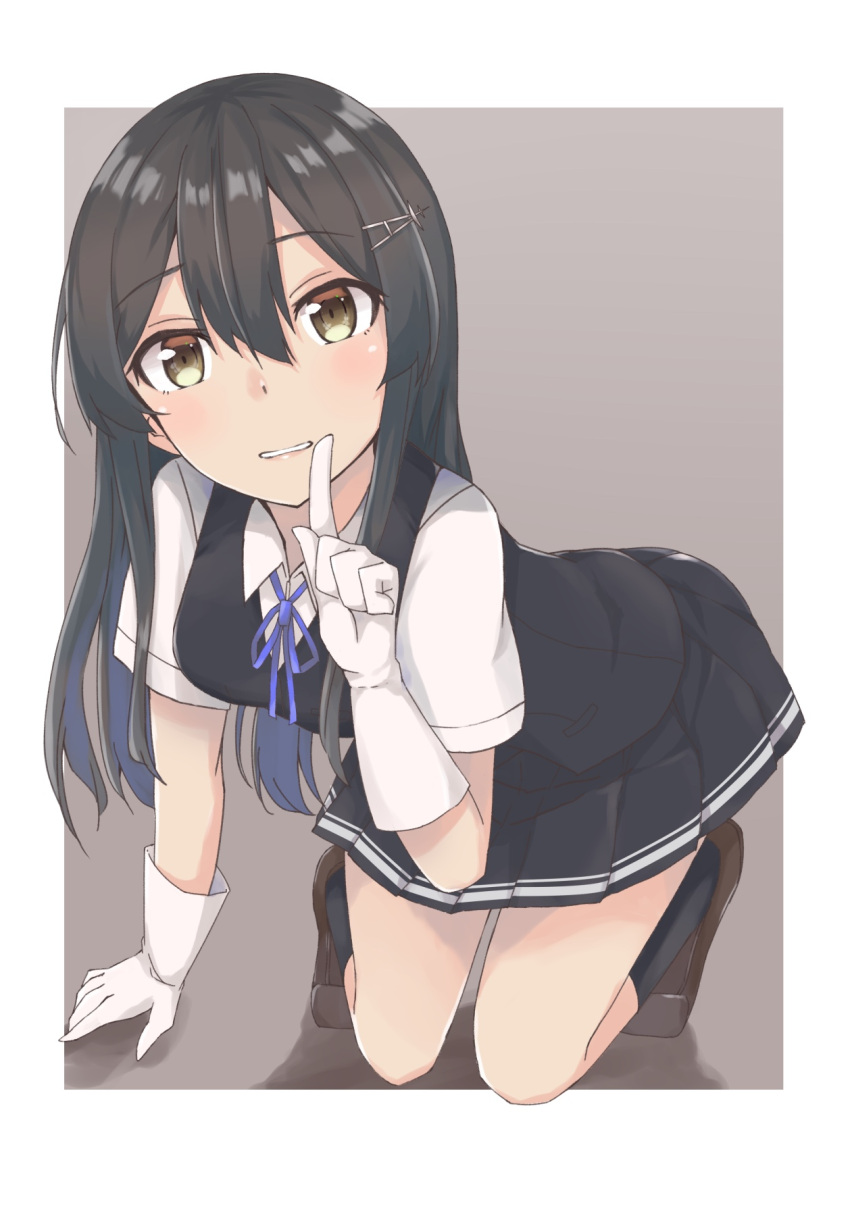 1girl, black_hair, black_legwear, black_skirt, blue_neckwear, blue_ribbon, brown_footwear, finger_to_mouth