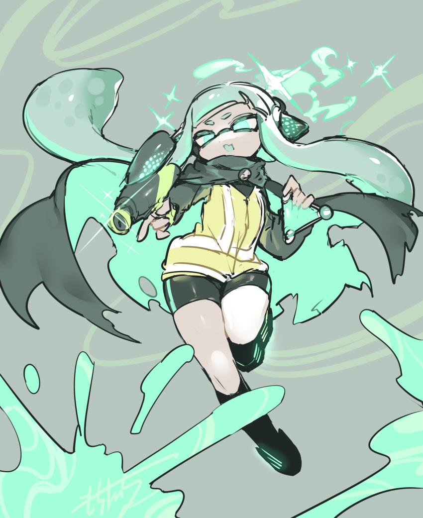 1girl, aqua_eyes, aqua_hair, bangs, bike_shorts, black_shorts, blunt_bangs, domino_mask, explosive, fangs, grenade, highres, inkling, long_hair, mask, nama_namusan, paint_splatter, pointy_ears, safety_vest, shorts, splatoon, splatoon_2, squid, squidbeak_splatoon, tentacle_hair
