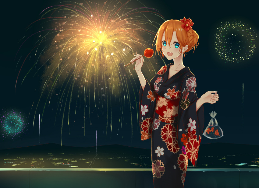 1girl, :d, bag, black_kimono, blue_eyes, candy_apple, eyebrows_visible_through_hair, fireworks