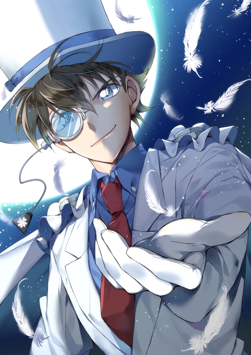 1boy, blue_eyes, blue_shirt, brown_hair, cape, dreaming182, formal, hat
