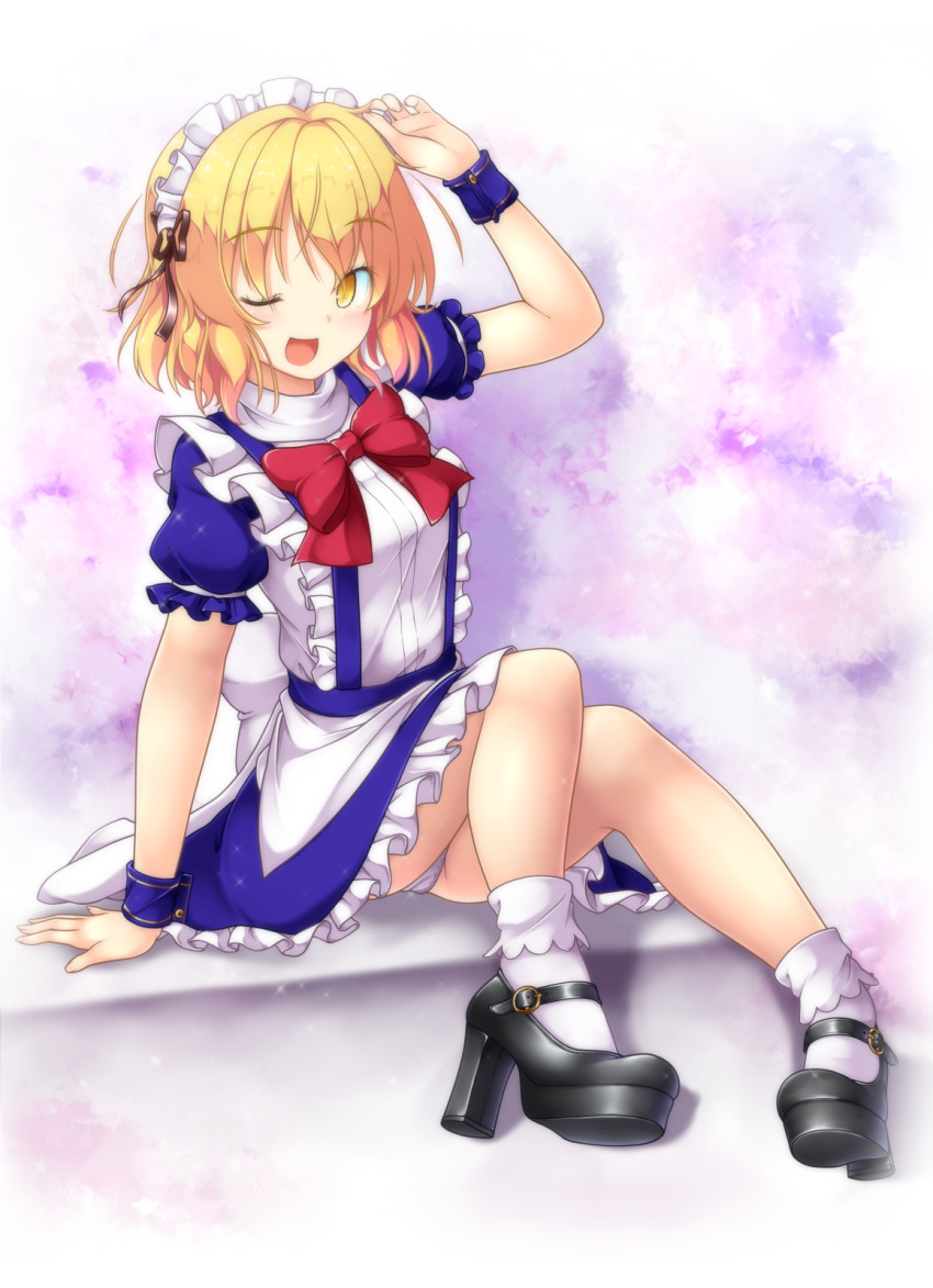1girl, ;d, aka_tawashi, arm_support, black_footwear, black_ribbon, blonde_hair, blue_shirt