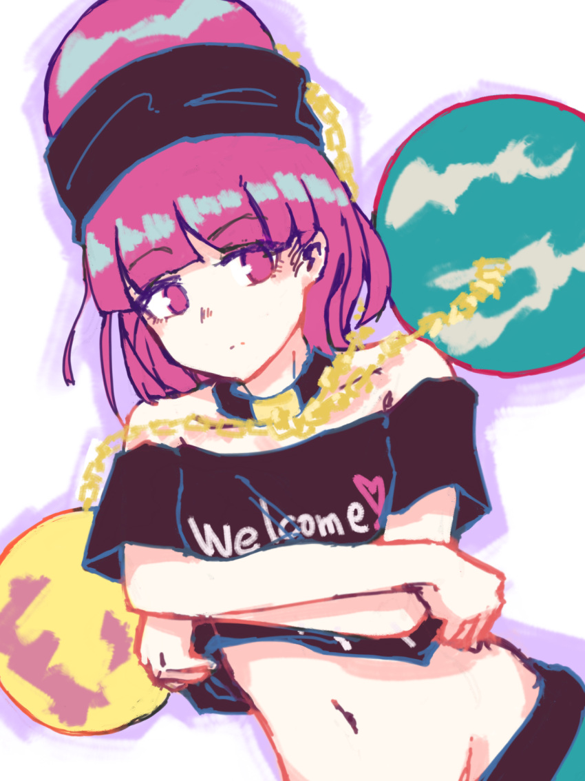 1girl, bangs, bare_shoulders, breasts, chain, chains, choker, clothes_writing