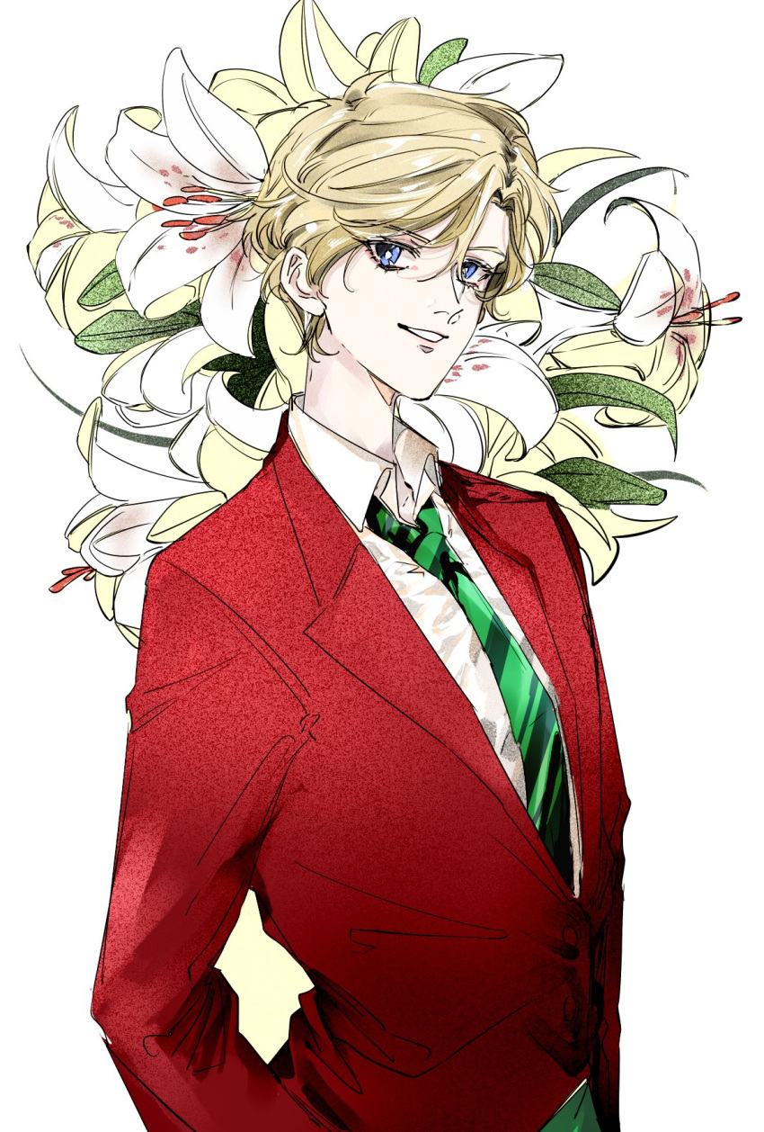1girl, bangs, bishoujo_senshi_sailor_moon, blazer, blonde_hair, commentary_request, eyebrows_visible_through_hair, flower, hair_between_eyes, highres, jacket, lily_(flower), mugen_gakuen_school_uniform, necktie, open_collar, outer_senshi, sailor_uranus, shirt, short_hair, sidelocks, smile, solo, ten'ou_haruka, une_brise398, very_short_hair, white_background, white_shirt