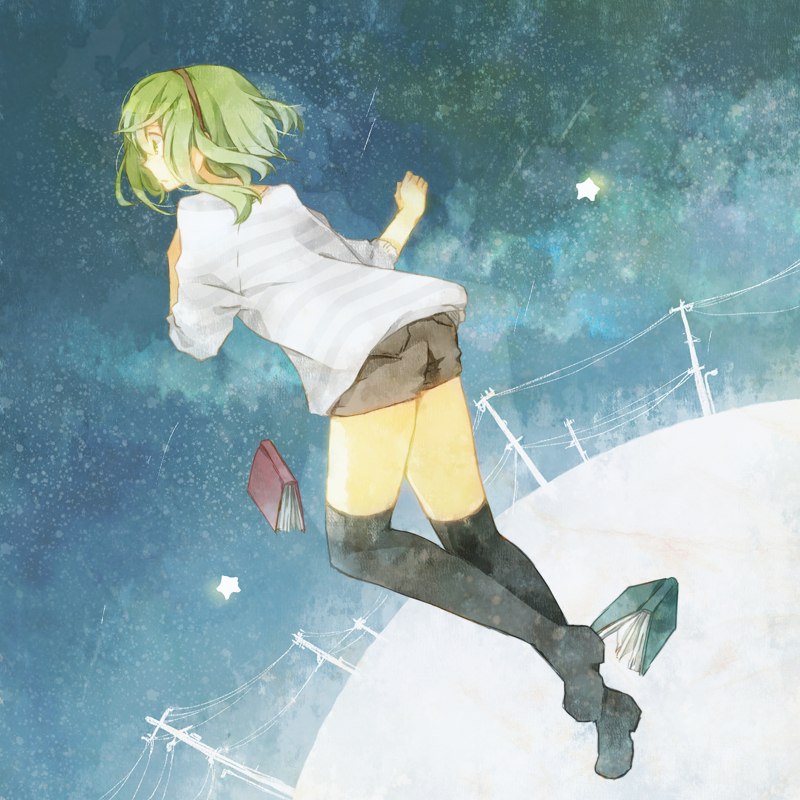 1girl, bangs, black_shorts, book, boots, expressionless, facing_away, floating, floating_hair, full_body, green_hair, grey_shirt, gumi, hairband, horizontal-striped_shirt, long_sleeves, mizuno_(mizuni_daizu), planet, power_lines, profile, red_hairband, shirt, shooting_star, short_hair, shorts, solo_focus, star_(sky), thigh-highs, thigh_boots, thighs, vocaloid, white_shirt, wide-eyed
