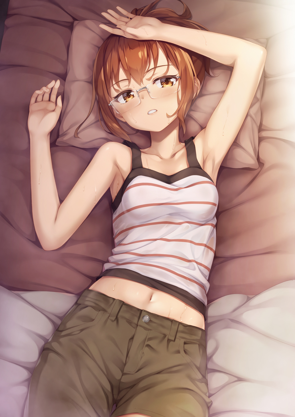 1girl, armpits, arms_up, bangs, bare_arms, bare_shoulders, bed_sheet, blush
