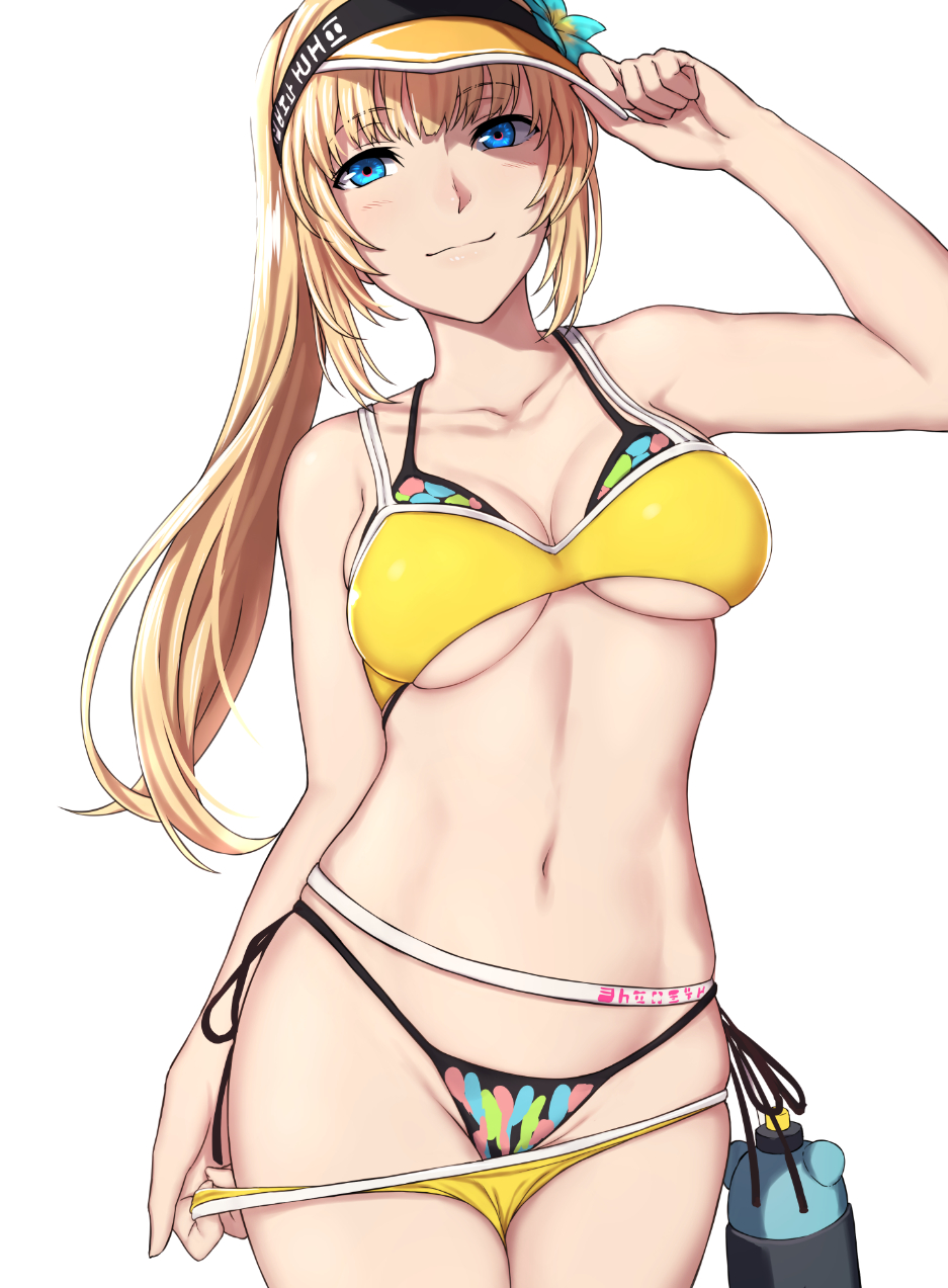 1girl, adjusting_clothes, adjusting_hat, belt, blonde_hair, blue_eyes, bottle, character_request