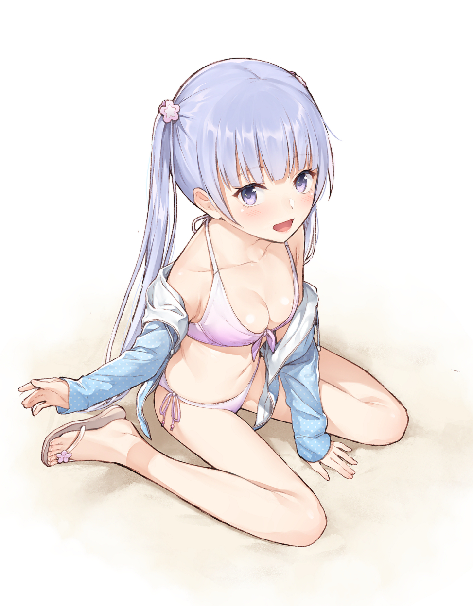 1girl, arm_support, bare_legs, bare_shoulders, between_legs, bikini, blue_jacket, breasts