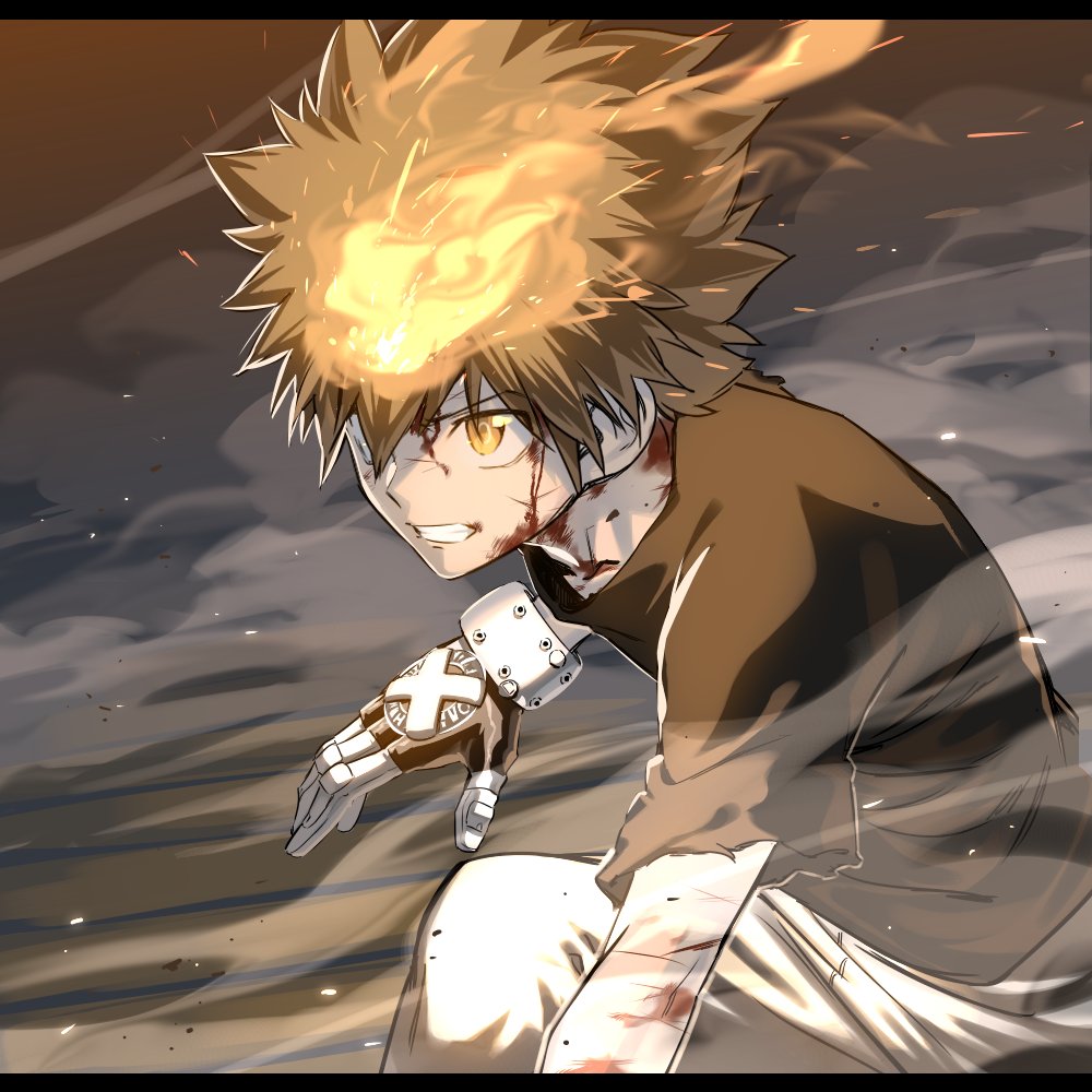 1boy, blood, blood_on_face, brown_hair, clenched_teeth, determined, dust, dust_cloud