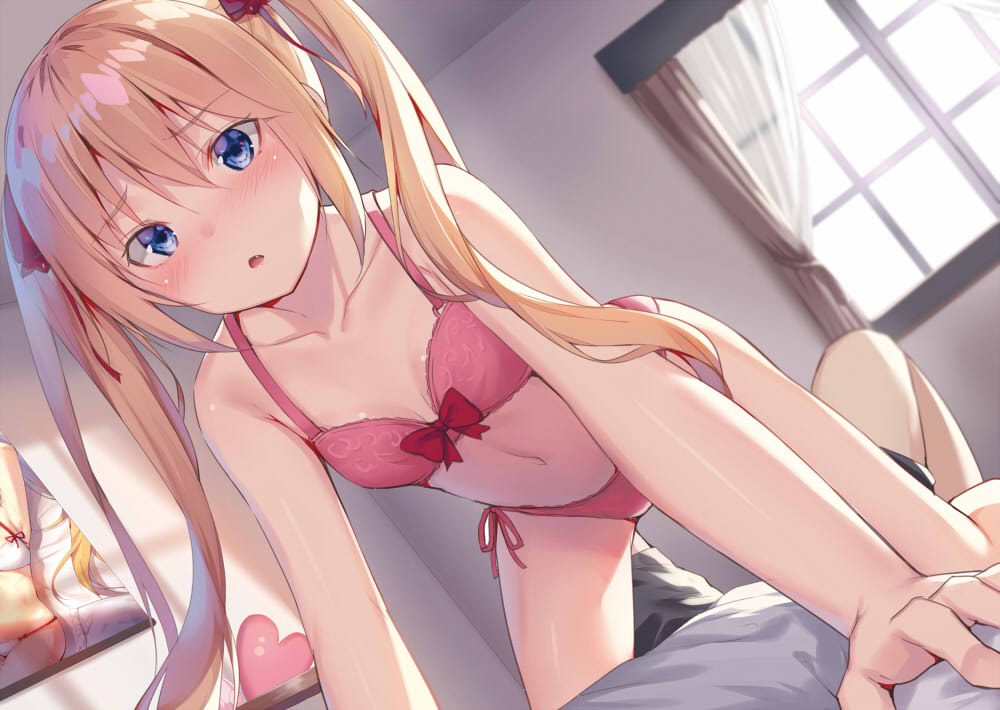 1girl, alexmaster, all_fours, bangs, bare_arms, bare_shoulders, black_shorts, blonde_hair, blue_eyes, blush, bow, bow_bra, bra, breasts, collarbone, commentary_request, curtains, day, dutch_angle, eyebrows_visible_through_hair, girl_on_top, grey_shirt, hair_between_eyes, indoors, long_hair, lying, navel, on_back, original, panties, pink_bra, pink_panties, shirt, short_shorts, shorts, side-tie_panties, small_breasts, solo_focus, sunlight, transparent, twintails, underwear, underwear_only, very_long_hair, window