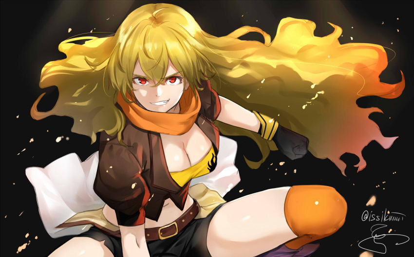 1girl, belt, black_gloves, black_shorts, blonde_hair, breasts, brown_jacket, buckle