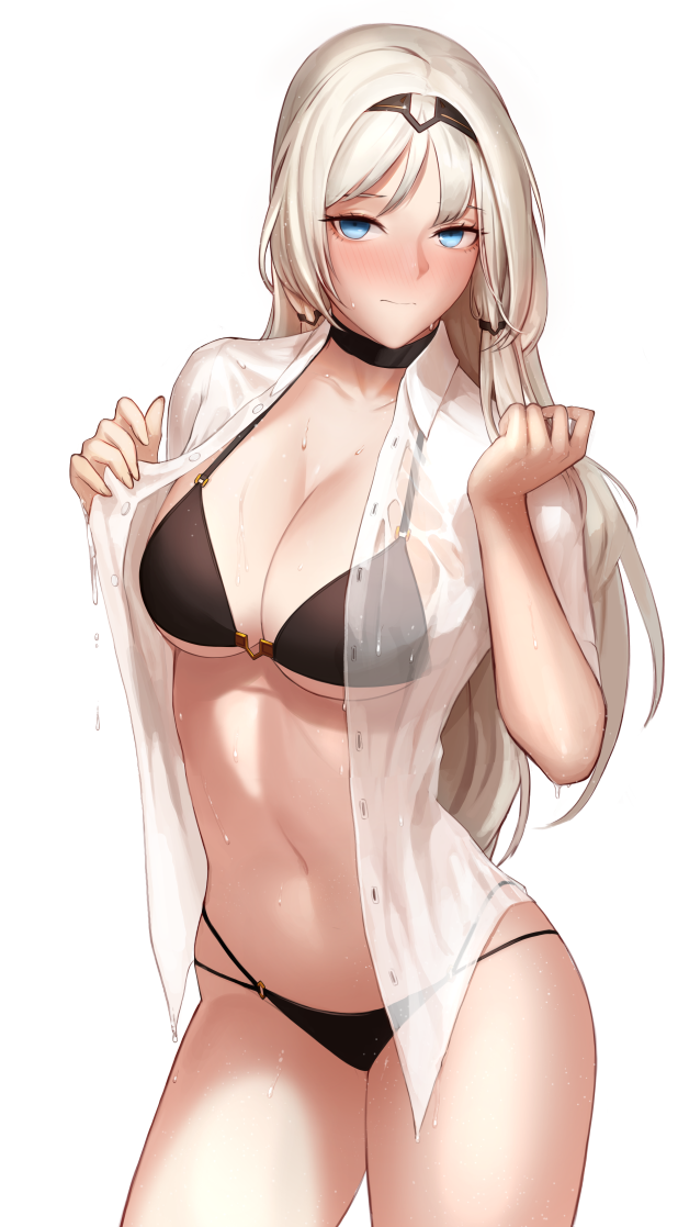 1girl, an-94, an-94_(girls_frontline), assault_rifle, bikini, blue_eyes, choker, collarbone, contrapposto, girls_frontline, gun, long_hair, looking_up, monaim, navel, rifle, see-through, shirt, solo, standing, swimsuit, weapon, white_background, white_hair