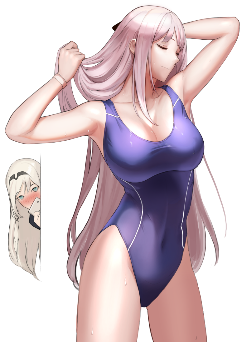 2girls, adjusting_hair, ak-12_(girls_frontline), an-94, an-94_(girls_frontline), armpits, ass_visible_through_thighs, assault_rifle