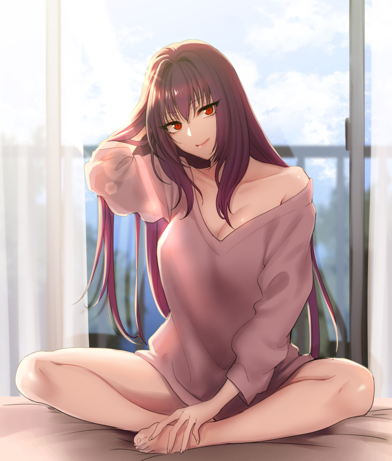 1girl, alternate_costume, bare_legs, bare_shoulders, barefoot, bed, blurry, breasts