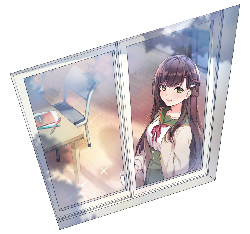 1girl, bangs, blush, brown_hair, cardigan, chair, coffee, coffee_mug