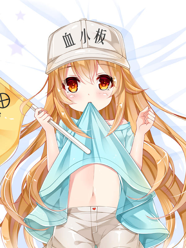 1girl, bakugadou, bed_sheet, blue_shirt, character_name, clothes_writing, dakimakura, flag