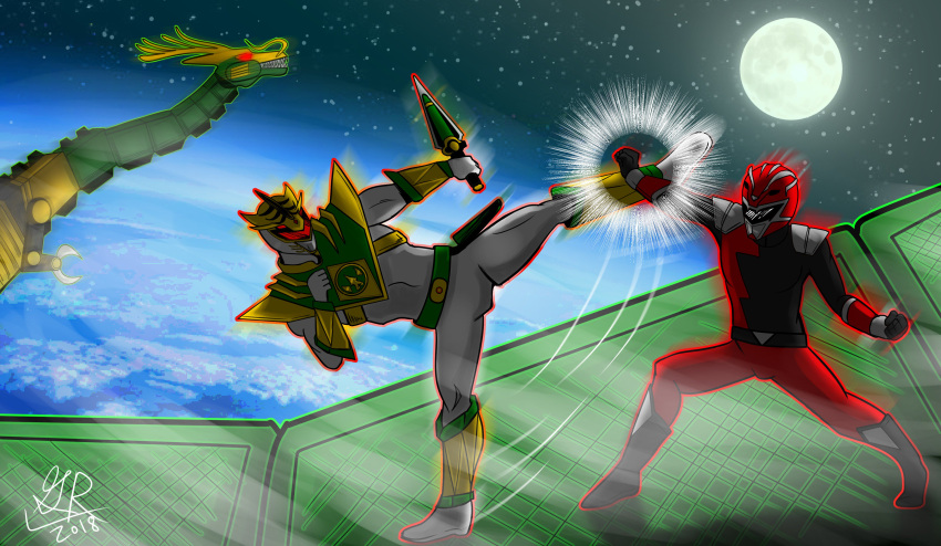 2boys, absurdres, arm_guards, armor, battle, bodysuit, character_request, clash, codeg11, commentary, english_commentary, faceless, faceless_male, fighting_stance, full_body, gloves, gold_armor, helmet, highres, hyperforce_red_ranger, lord_drakkon, marvin_shih, mecha, mighty_morphin_power_rangers, moon, multiple_boys, power_rangers, power_rangers_hyperforce, power_rangers_shattered_grid, red_bodysuit, robot, science_fiction, serpentera_(mighty_morphin_power_rangers), serpenterra, size_difference, space, super_robot, tagme, thunderzord, thunderzords, tokusatsu, tommy_oliver, weapon, white_bodysuit