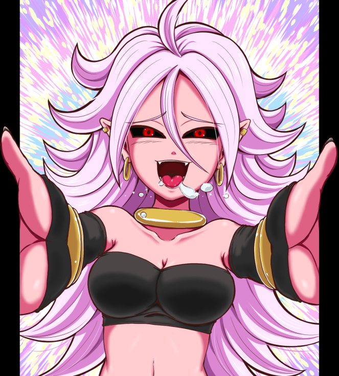 1girl, android_21, bare_shoulders, black_sclera, black_sleeves, black_tubetop, bracelet, breasts