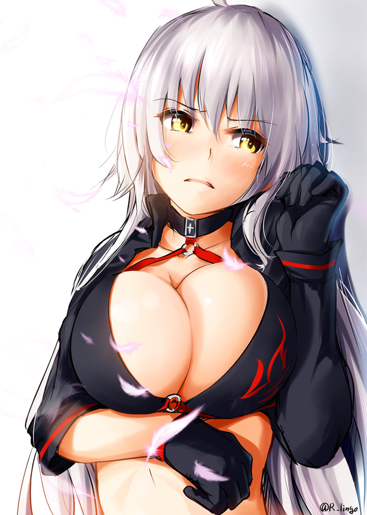 1girl, bangs, bikini, black_bikini, black_choker, black_gloves, black_jacket, blush, breast_hold, breasts, choker, cleavage, cropped_jacket, eyebrows_visible_through_hair, eyes_visible_through_hair, fate/grand_order, fate_(series), feathers, gloves, hair_between_eyes, jacket, jeanne_d'arc_(alter)_(fate), jeanne_d'arc_(alter_swimsuit_berserker), jeanne_d'arc_(fate)_(all), large_breasts, lingerie_(aki3240), long_hair, looking_away, looking_to_the_side, lying, o-ring, o-ring_bikini, on_side, parted_lips, silver_hair, solo, swimsuit, upper_body, very_long_hair, yellow_eyes