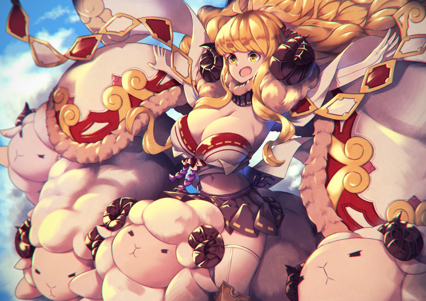 1girl, 307_(aho307), :d, anila_(granblue_fantasy), black_skirt, blonde_hair, blue_sky, blurry