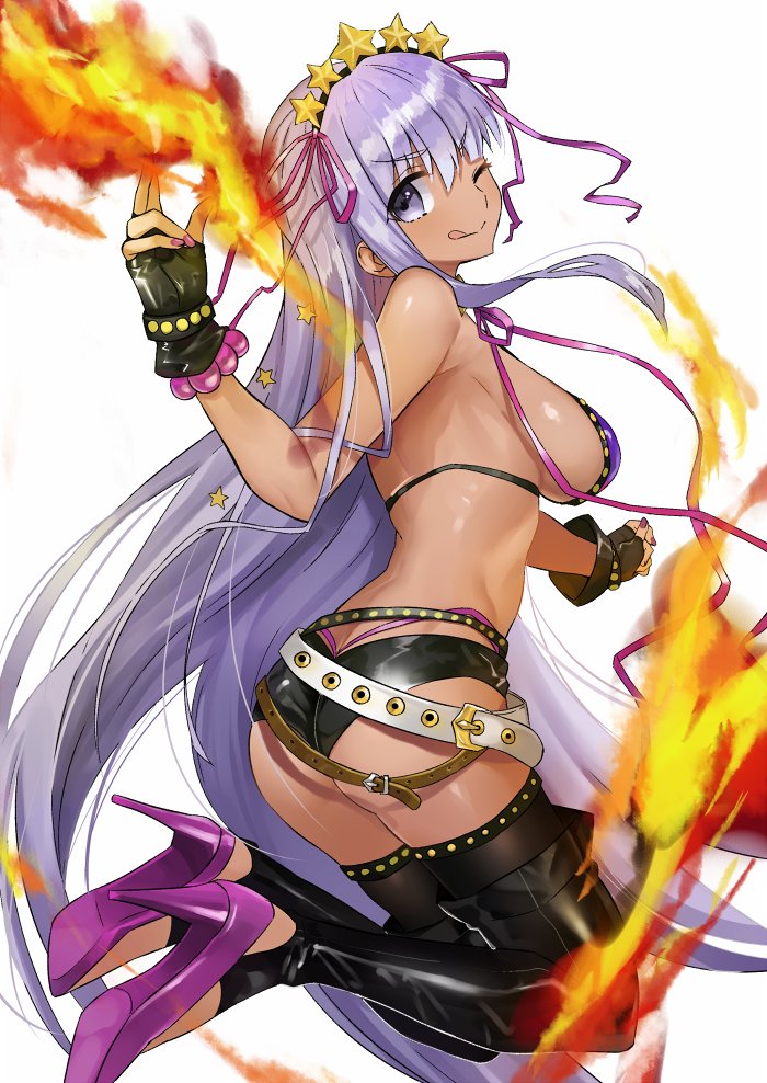 1girl, :p, ashiwara_yuu, ass, bangs, bare_shoulders, bb_(swimsuit_mooncancer)_(fate), belt