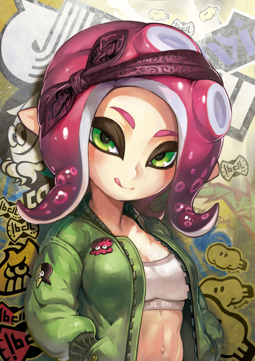 1girl, :q, bandanna, bra, breasts, commentary_request, green_eyes, green_jacket