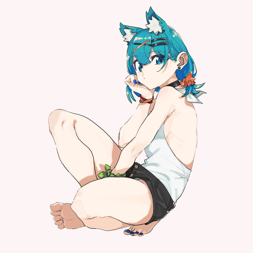 1girl, animal_ears, bangs, black_shorts, blue_eyes, blue_hair, bracelet, breasts
