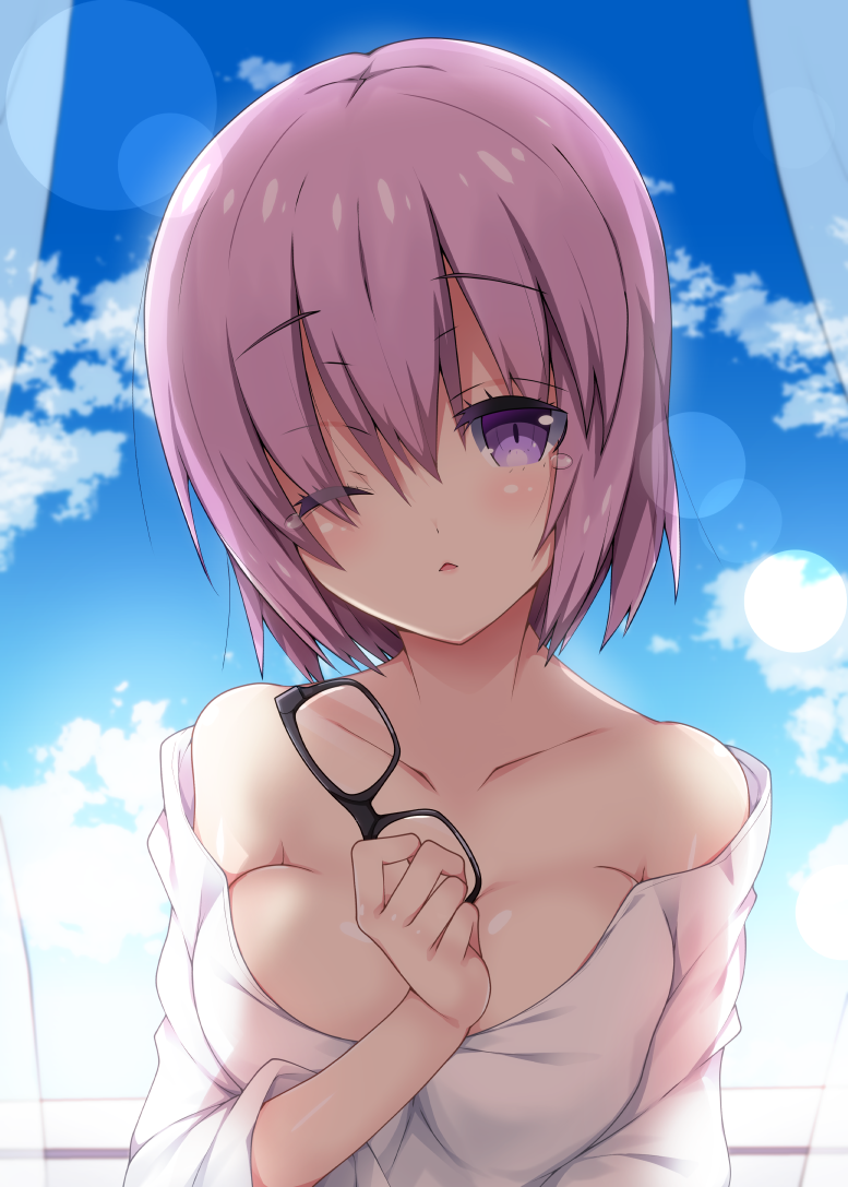 1girl, ;<, bangs, bare_shoulders, black-framed_eyewear, black_shirt, blue_sky, blush