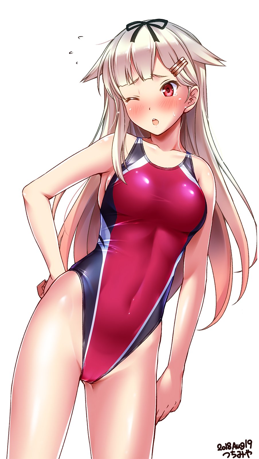 1girl, artist_name, black_ribbon, blonde_hair, blush, breasts, collarbone, competition_swimsuit