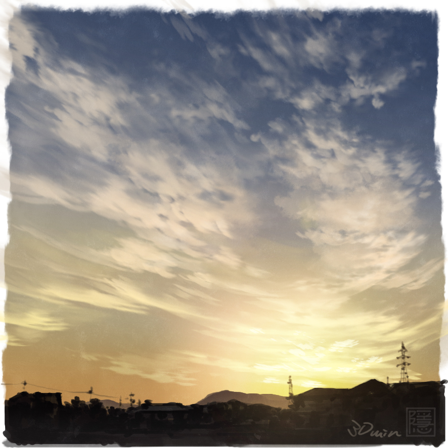 blurry, clouds, evening, hill, no_humans, original, power_lines, scenery