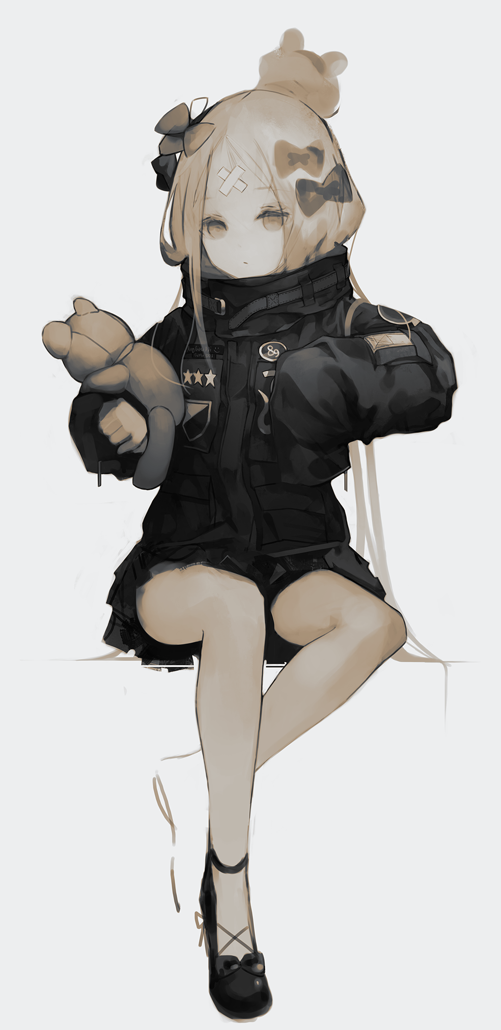 1girl, abigail_williams_(fate/grand_order), bangs, black_bow, black_jacket, blonde_hair, bow, brown_eyes