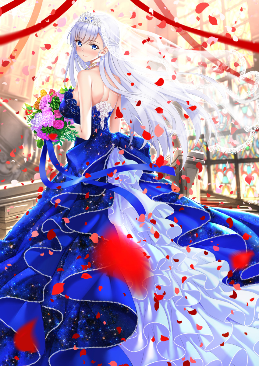 1girl, azur_lane, backless_dress, backless_outfit, bangs, bare_shoulders, belfast_(azur_lane), blue_dress