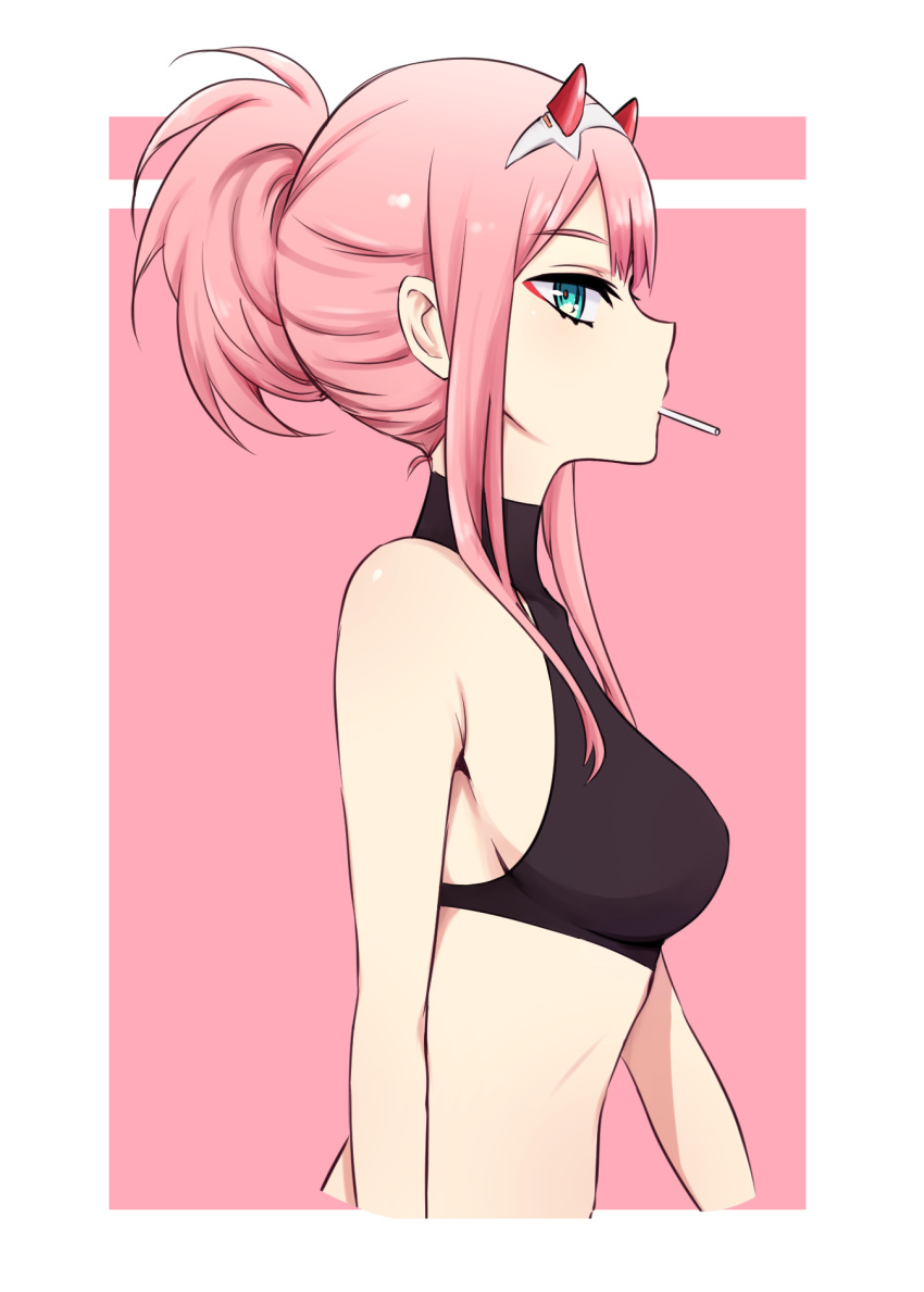 1girl, border, breasts, cropped_arms, cropped_torso, darling_in_the_franxx, from_side, green_eyes