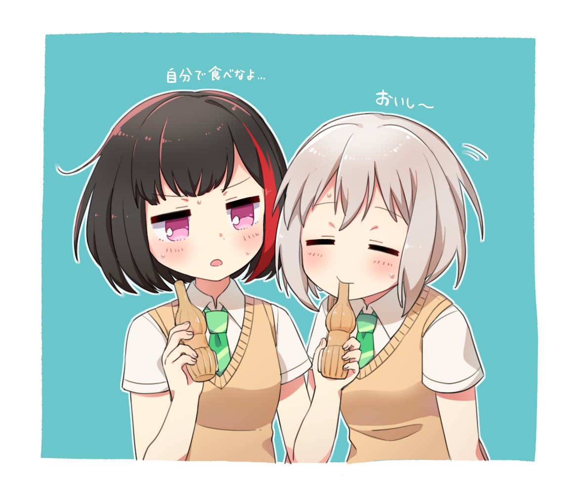 2girls, :o, aoba_moca, arms_up, bang_dream!, bangs, bd_ayknn, blonde_hair