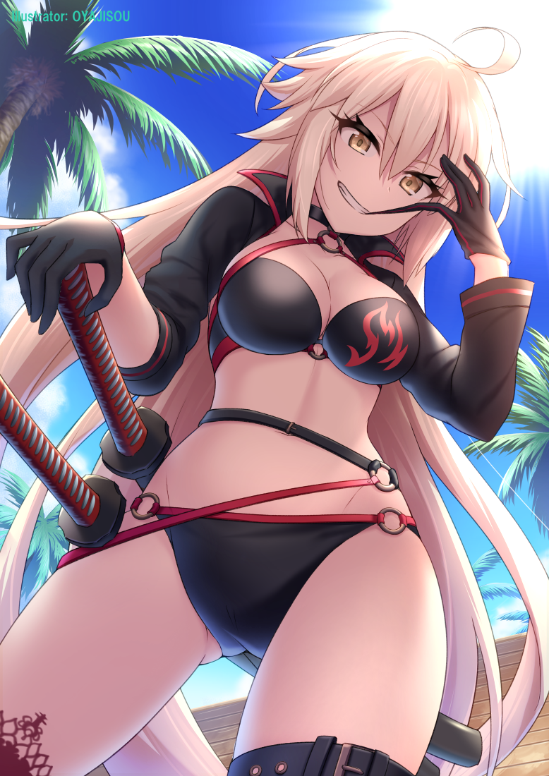 1girl, ahoge, artist_name, backlighting, bangs, bikini, biting, black_bikini