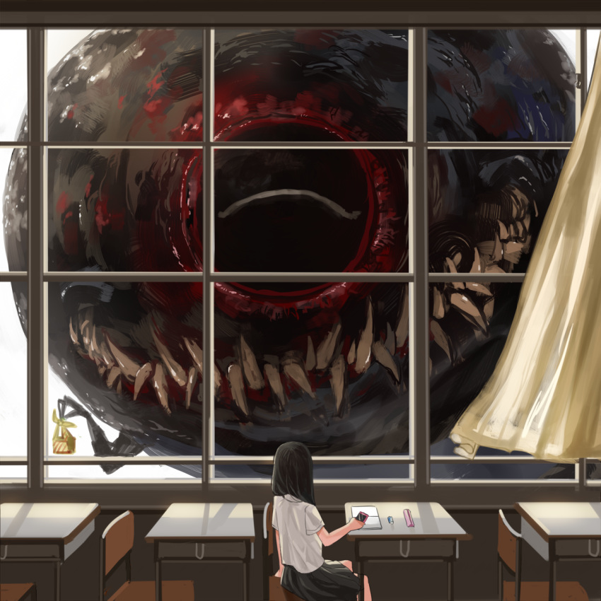 1girl, black_hair, black_skirt, book, cellphone, classroom, closed_eyes, collared_shirt