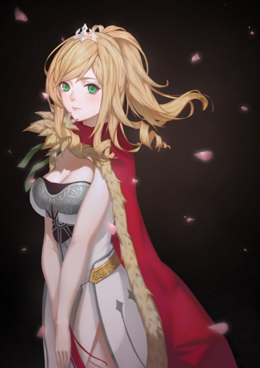 1girl, absurdres, angelia, bill7689, black_background, blonde_hair, breasts, cape