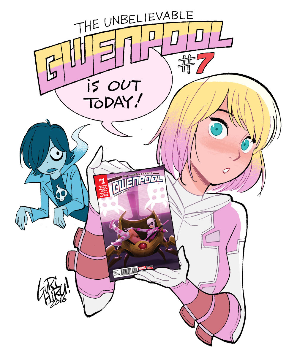 1boy, 1girl, 2016, aqua_eyes, artist_name, blonde_hair, cecil_(marvel), character_request, cover, cover_page, english, gurihiru, gwen_poole, gwenpool, hair_over_one_eye, legs_crossed, marvel, mask, mask_removed, open_mouth, pink_hair, signature, sitting, skull, upper_body