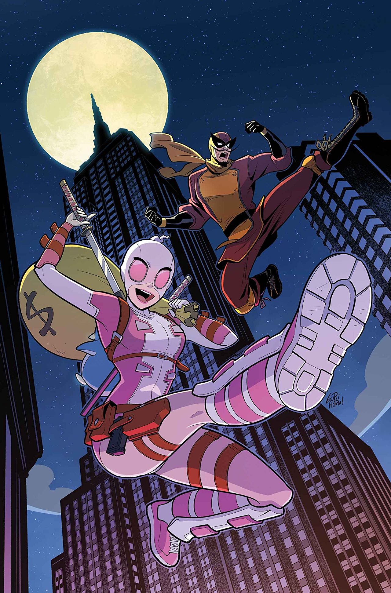 1boy, 1girl, artist_name, bag, batroc_the_leaper, belt, black_footwear, black_gloves, building, cover, cover_page, dollar_sign, domino_mask, facial_hair, foreshortening, full_moon, georges_batroc, gloves, goatee, gun, gurihiru, gwen_poole, gwenpool, handgun, highres, holster, katana, knee_pads, leotard, marvel, mask, moon, mustache, night, night_sky, official_art, open_mouth, pistol, pouch, scarf, shin_guards, signature, sky, skyscraper, smile, star_(sky), starry_sky, stuffed_animal, stuffed_shark, stuffed_toy, superhero, sword, weapon, yellow_scarf
