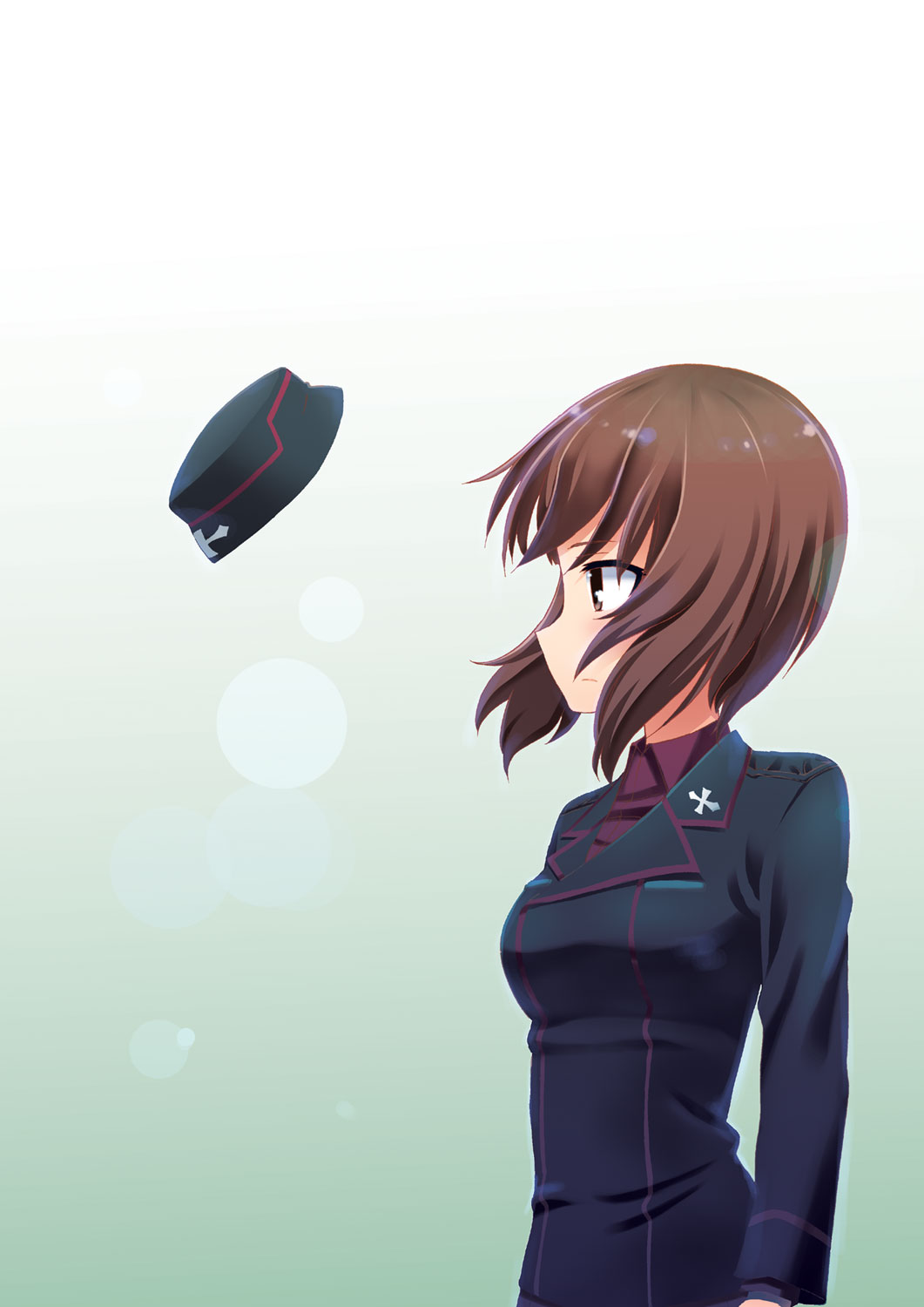 1girl, brown_eyes, brown_hair, garrison_cap, girls_und_panzer, girls_und_panzer_phase_erika, gradient, gradient_background
