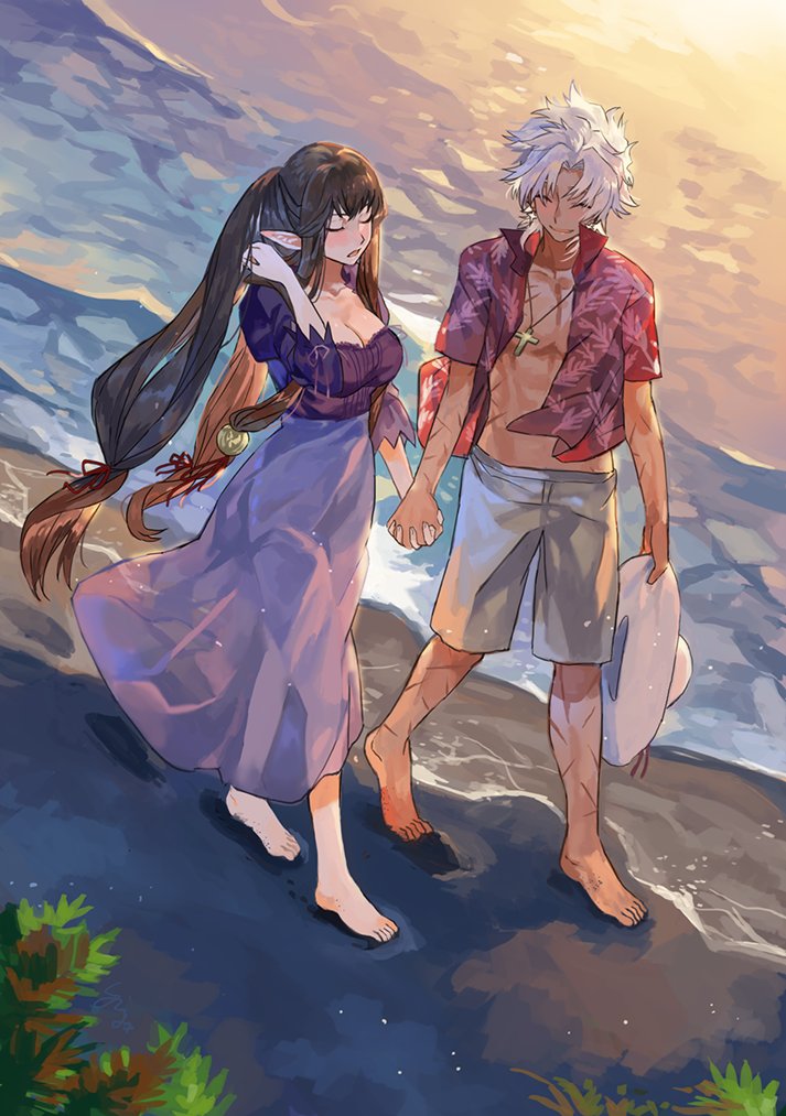 1boy, 1girl, alternate_costume, amakusa_shirou_(fate), barefoot, beach, black_hair, blush