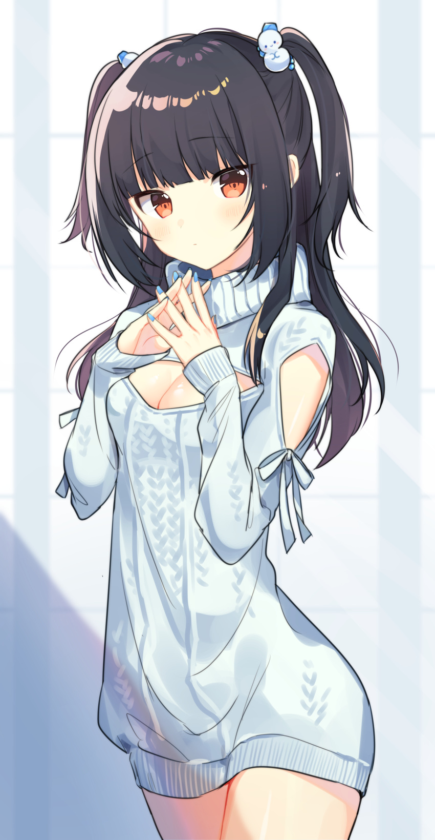 1girl, absurdres, bangs, black_hair, blue_dress, blue_nails, blue_ribbon, blue_sweater
