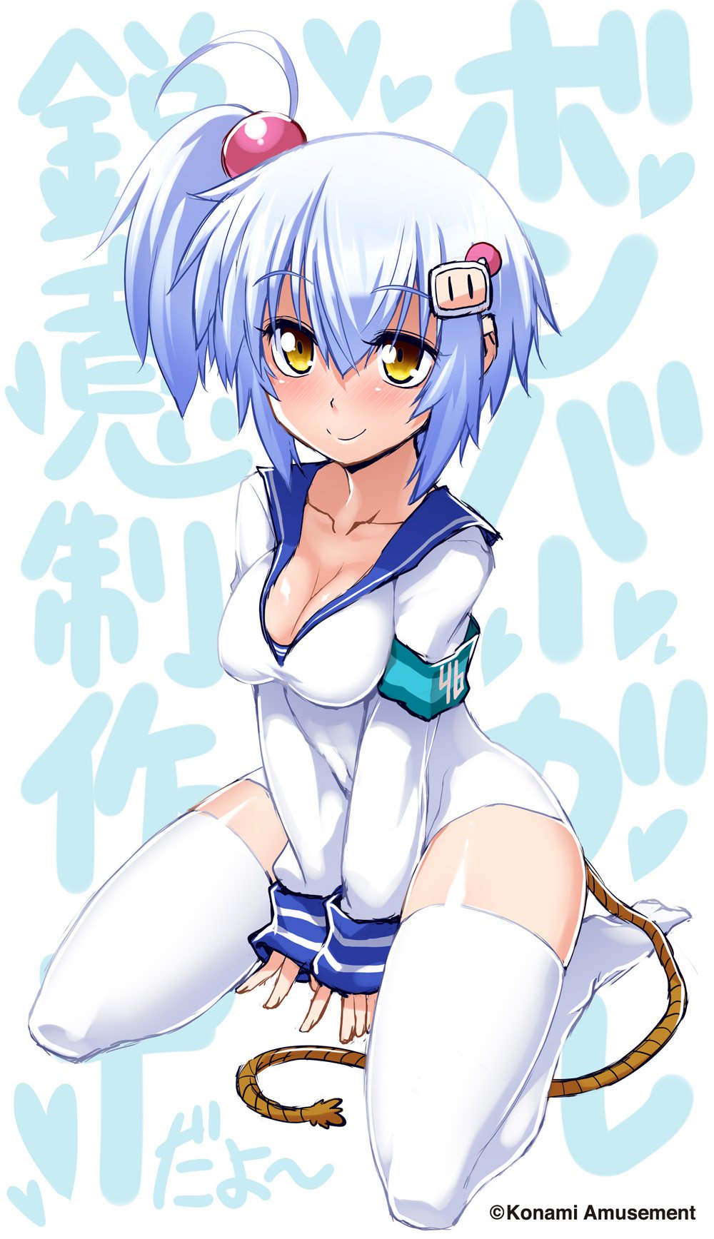 1girl, ahoge, between_legs, blue_hair, blush, bombergirl, bomberman, breasts